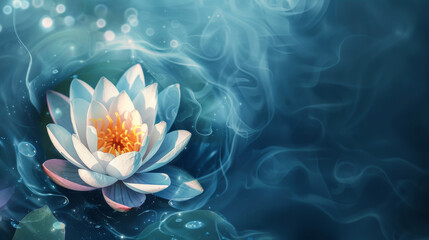 Poster - Illustration of abstract meditation background featuring a harmonious lotus flower and peaceful blue hues 