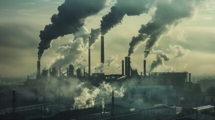 Poster - A factory with towering smokestacks emitting thick black smoke, emphasizing the industrial contributions to global warming