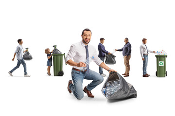 Poster - Businessman kneeling and collecting bottles in a plastic bag, people in the back recycling materials