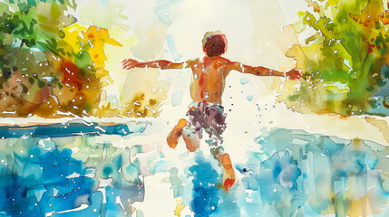 Man jumping into a sparkling pool, watercolor illustration embodying summer excitement and fun 