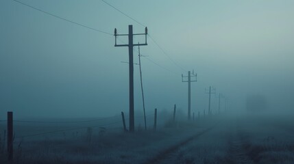 Poster - A foggy morning with electricity poles fading into the distance, creating a mysterious and atmospheric scene