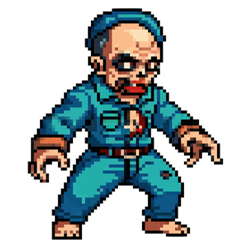 A zombie, bloodthirsty and menacing, is out terrorizing people. The undead, walking around, growling, looking for victims. Pixel art, vector illustration, isolated on transparent background.