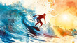 © fotogurmespb - Surfer catching wave on sunlit ocean, watercolor illustration of summer adventure and freedom