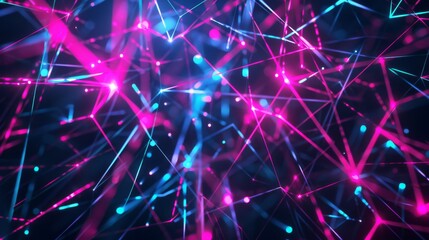 Fototapete - A futuristic abstract background featuring a network of interconnected lines and nodes in neon colors against a black background. The design evokes themes of technology and innovation