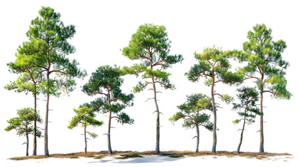 set of loblolly pine trees with isolated transparent background