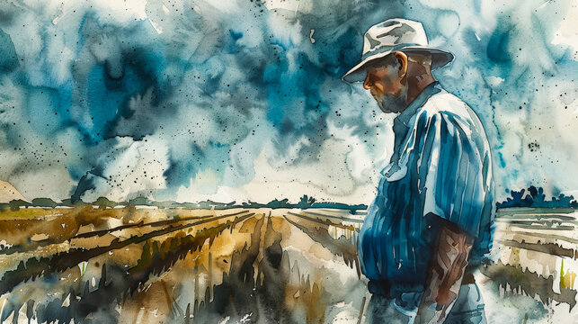Watercolor illustration of a farmer concerned about soil salinization affecting crop health and yield 