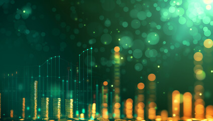 Poster - Elegant financial graph with green and gold colors, digital stock market chart background for business concept design, Digital coins stack on dark green bokeh light abstract blurred background, high r