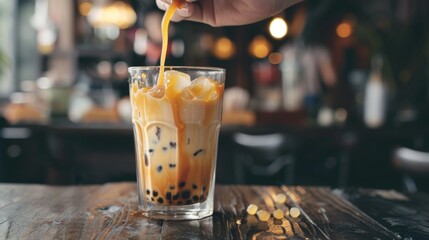 Poster - A hand stirring a glass of brown sugar bubble milk tea, the rich caramel hue swirling with the creamy base, promising a decadent treat for the taste buds