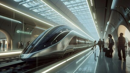 Aufkleber - A high-speed train arriving at a futuristic train station, with passengers eagerly waiting on the platform, highlighting the convenience of rapid transit