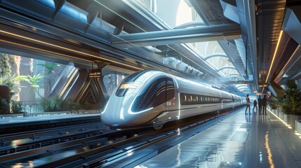 Aufkleber - A high-speed train arriving at a futuristic train station, with passengers eagerly waiting on the platform, highlighting the convenience of rapid transit