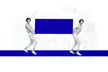 Aufkleber - Creative abstract collage of two funny girls carry building blocks blue rectangle career development unusual fantasy billboard comics zine