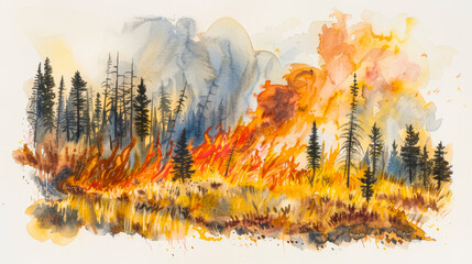 Watercolor illustration of a wildfire spreading through forestland and impacting nearby agriculture 