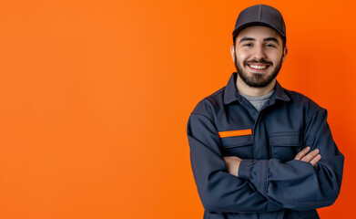 A man in a blue and orange uniform is smiling The orange and blue colors of his uniform give off a cheerful and energetic vibe. Smiling man in Work clothes on orange Background with Space for Copy