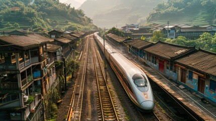 Aufkleber - A high-speed train passing through a rural village, showing the connection between remote areas and urban centers