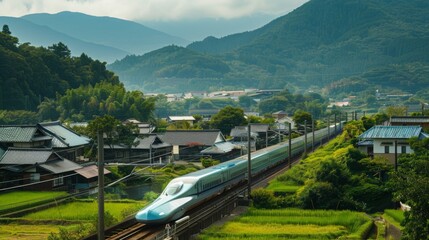 Aufkleber - A high-speed train passing through a rural village, showing the connection between remote areas and urban centers