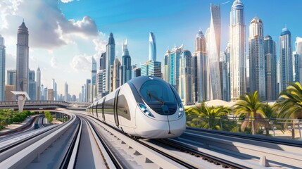 Leinwandbilder - A high-speed train with a city skyline in the background, showcasing the integration of modern rail systems into urban environments