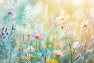 Wall Mural - Beautiful idyllic flower meadow with different blooming flowers and grass close up