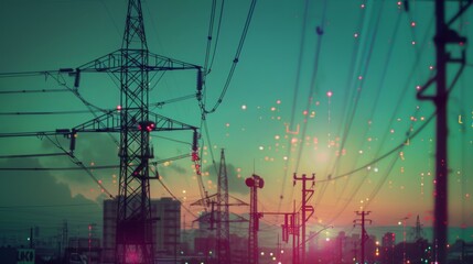 Poster - A high-voltage transmission tower in the background with smaller electricity poles in the foreground, showing different scales of electrical distribution