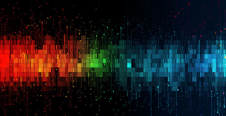Poster - Abstract spectrum of color blocks and digital data, rainbow colors on black background. Digital audio and music soundwave equalizer illustration. Abstract technology background for banner design