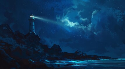 Poster - A lighthouse on a rocky coastline with its beam of light cutting through the night sky, guiding ships safely home