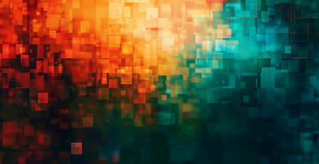 Poster - Abstract background with colorful pixelated squares, blurred edges, a dark blue and orange color palette with a gradient effect from light to deep colors in the style of pixel art