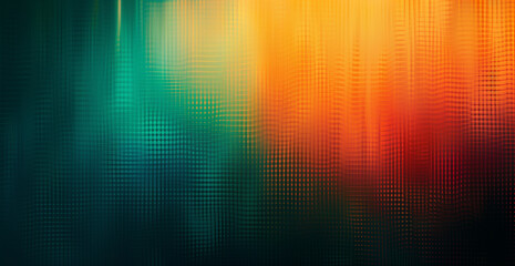 Poster - Abstract gradient background with colorful light and shadow, green orange yellow color, pixelated grid pattern, minimalist style, blurred effect, dark blue tone, bright color scheme, cool tones, depth
