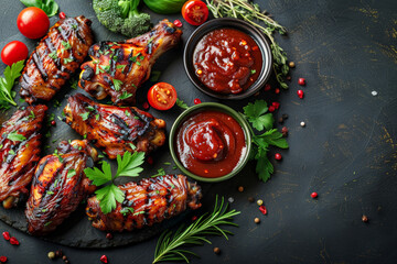 Wall Mural - Succulent barbecued chicken wings glazed with tangy sauce and garnished with fresh herbs, ideal for food photography or culinary advertising.