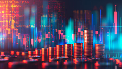 Poster - Digital background featuring stock market charts and stacks of coins on the right side, creating an atmosphere for financial or trading concepts. The background is a gradient from blue to red with dig