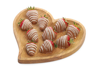 Wall Mural - Heart shaped plate with delicious chocolate covered strawberries isolated on white