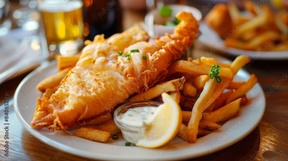 A plate of traditional British fish and chips served with crispy