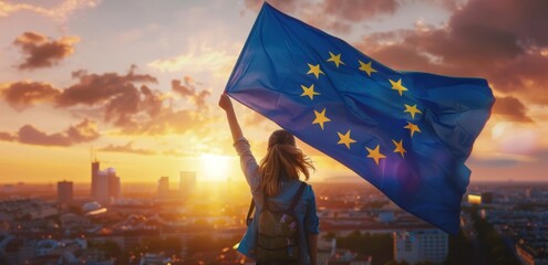 Sticker - Young woman holds European flag in her hands