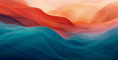 Poster - Abstract background with waves of different colors, creating an abstract landscape with a gradient from orange to blue and teal. The design features soft curves and smooth lines that give the impressi