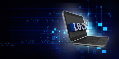 Wall Mural - 3d illustration Safety concept: Closed Padlock with laptop on digital background