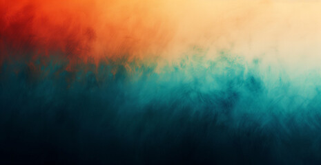 Poster - A blurred background with a gradient of orange, blue and green colors. The foreground features soft brushstrokes in shades of red and teal, creating an abstract texture that suggests the presence of f