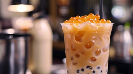 Wall Mural - A refreshing glass of iced bubble milk tea, beads of tapioca pearls glistening against the cold, inviting a sip of sweetness and satisfaction