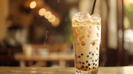 Poster - A refreshing glass of iced bubble milk tea, beads of tapioca pearls glistening against the cold, inviting a sip of sweetness and satisfaction