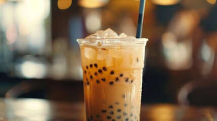 Poster - A refreshing glass of iced bubble milk tea, beads of tapioca pearls glistening against the cold, inviting a sip of sweetness and satisfaction