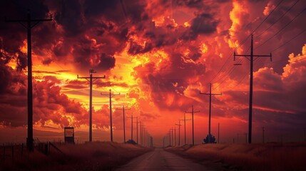 Sticker - A row of tall electricity poles silhouetted against a dramatic sunset sky, capturing the blend of nature and infrastructure