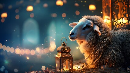 Wall Mural - sheep with latern in the background eid ul Adha Mubarak happy Eid al Adha sheep with moon in the background