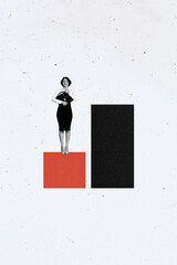 Aufkleber - Collage image poster picture of excited woman hold bag isolated on creative drawing background