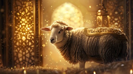 Wall Mural - Sacred Sacrifice Eid Al Adha Mubarak Background with Sheep and Islamic backgrround decoration