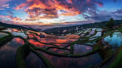 Wall Mural - A scenic countryside landscape with terraced rice fields reflecting the colors of the sky during sunset, creating a breathtaking vista