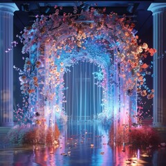 Poster - A beautiful archway with flowers and a blue light shining on it
