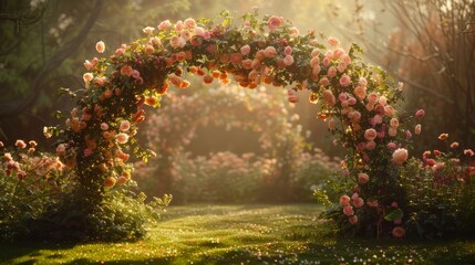 Poster - A large archway of pink flowers is in a garden