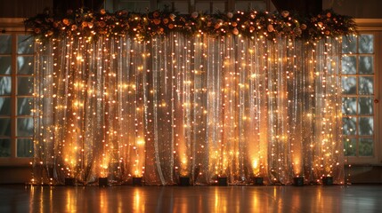 Poster - A large, ornate, gold curtain with lights hanging from it