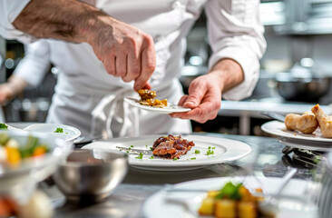 A chef is preparing a plate of food with a garnish of parsley