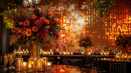 Poster - A large room with a gold vase of flowers on a table