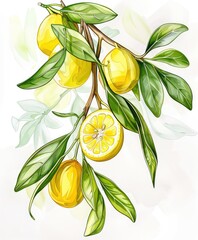 Wall Mural - Lemon tree branch with leaves and ripe lemons, watercolor style, citrus fruit art, botanical illustration, fresh organic design