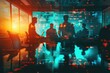 © Pungu x - Executive team formulating strategy on a digital whiteboard, selective focus, goaloriented, vibrant, overlay, futuristic office backdrop