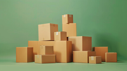Wall Mural - Many cardboard boxes of various sizes are stacked in front of a green background